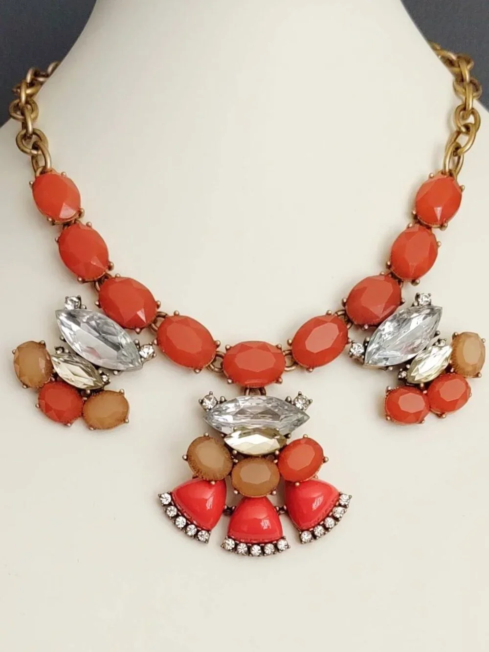 Orange, nude and crystal statement necklace